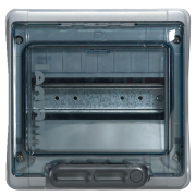 SM Distribution Box Plexo³, 8M, 40A 400VAC, PEN 8^8, 200x200x116mm, reinforced polystyrene ^PC, -25..40°C, incl. 7 cable glands, UV-stable, HF, cl. II, IP65 IK09, transparent^grey