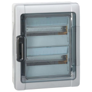 SM Distribution Box Plexo³, 2x 12M, 90A 400VAC, PEN 17^17, 432x340x161mm, reinforced polystyrene ^PC, -25..40°C, incl. 16 cable glands, UV-stable, HF, cl. II, IP65 IK09, transparent^grey