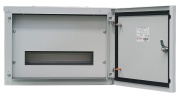 Aufputz-Verteiler JXJ, 1x 18TE, 63A 400VAC, 450x255x110mm, oben, unten Kabeleinführungsplatten, Stahlblech verzinkt, -5..40°C, 1x FL21, Jumax JXJ 18-18, IP44 IK10, MaxPro, kieselgrau