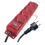 Multi-Outlet Extension, 4x 2P+E Schuko 3680W 16A 250VAC, switch, 5m cable H07RN-F 3G1.5 mm², IP44, black-red
