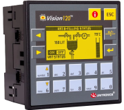 PLC^HMI Vision120, 2.4in graphic STN LCD 128x64pxls, 10DI, 6RO, 1AI, 2x RS232/485, cv 12/24VDC, TS35/ panel mount, IP65/66 ^NEMA4X